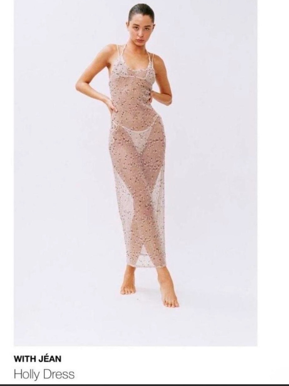 With Jean Sheer Embellished Slip Dress in Nude